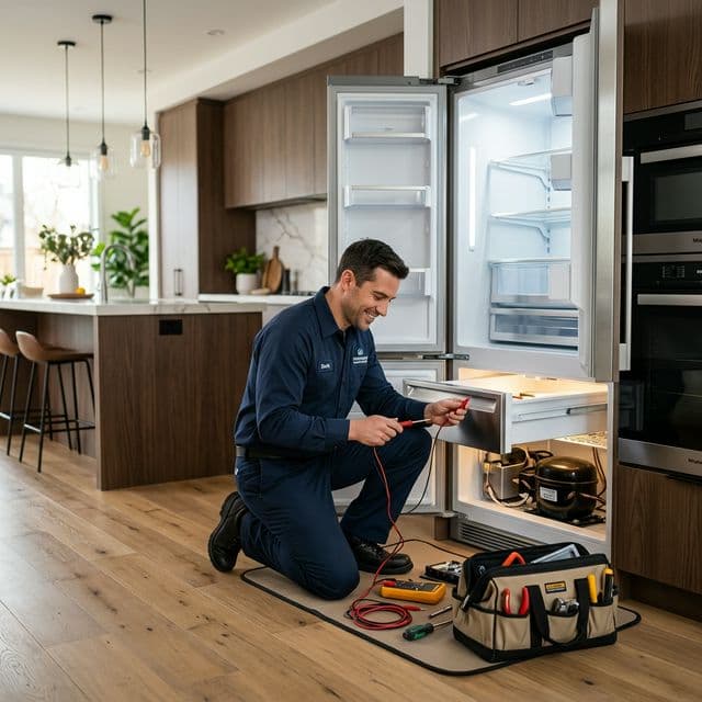 Professional technician repairing a refrigerator in a modern kitchen